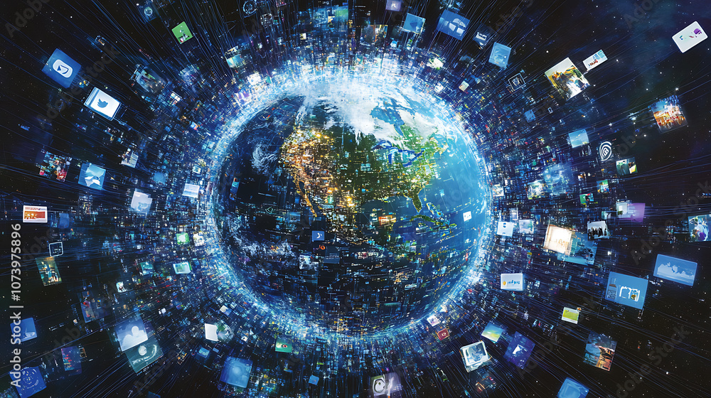 Aufkleber Secure global network with glowing connections and padlocks cybersecurity concept digital art