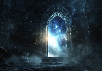 Obraz premium An open door leading to the sky, with light emanating from it and a dark background