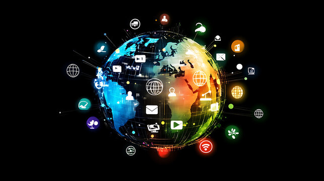 Digital globe with pictures of global network connections and social media icons on dark background, technology concept banner for online advertising