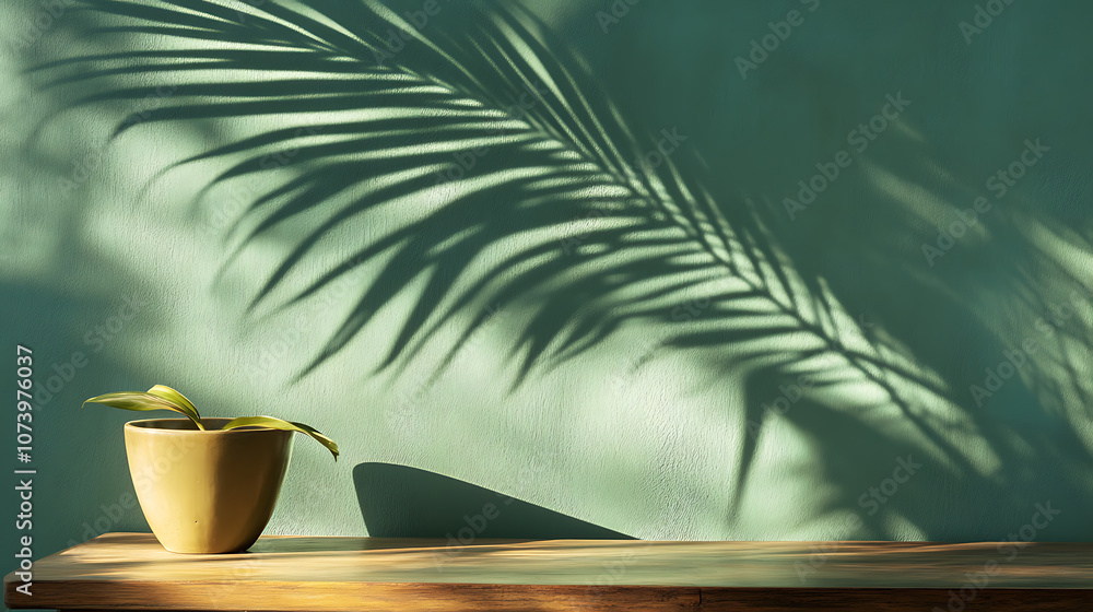 Aufkleber Minimal abstract background for a product presentation, a green palm shadow on the wall, an empty table with soft shadows