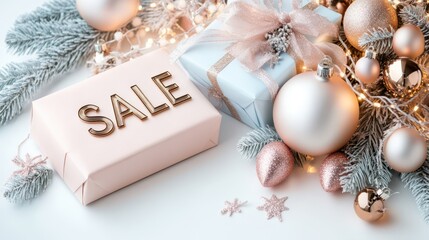 Exciting holiday sale with beautifully wrapped gifts and festive decorations on a cheerful Christmas backdrop