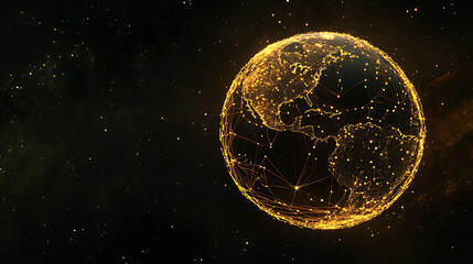 Earth with a golden glowing outline on a black background, planet Earth in space, planet Earth made from yellow and orange dots connected by lines of string