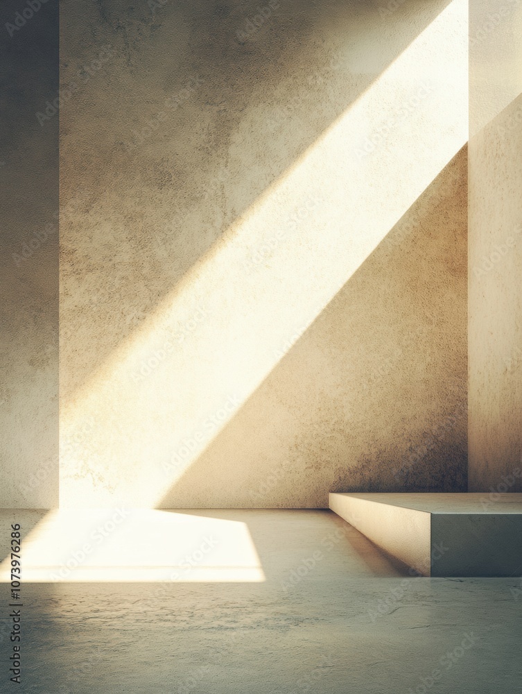 Poster Soft light cascades across the tranquil room, creating a dynamic interplay of light and shadow on the floor and walls. Generative AI