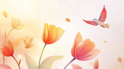 Vector illustration of flowers and leaves, tulips, digital art style, flat design, white background, vector graphics, bright colors, rich details, elegant lines, flowers in hand drawn style, flowers a