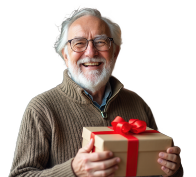 Older Man Holding Gift Box with Red Ribbon. Transparent Image for Graphic Use. Christmas, New Year, Birthday
