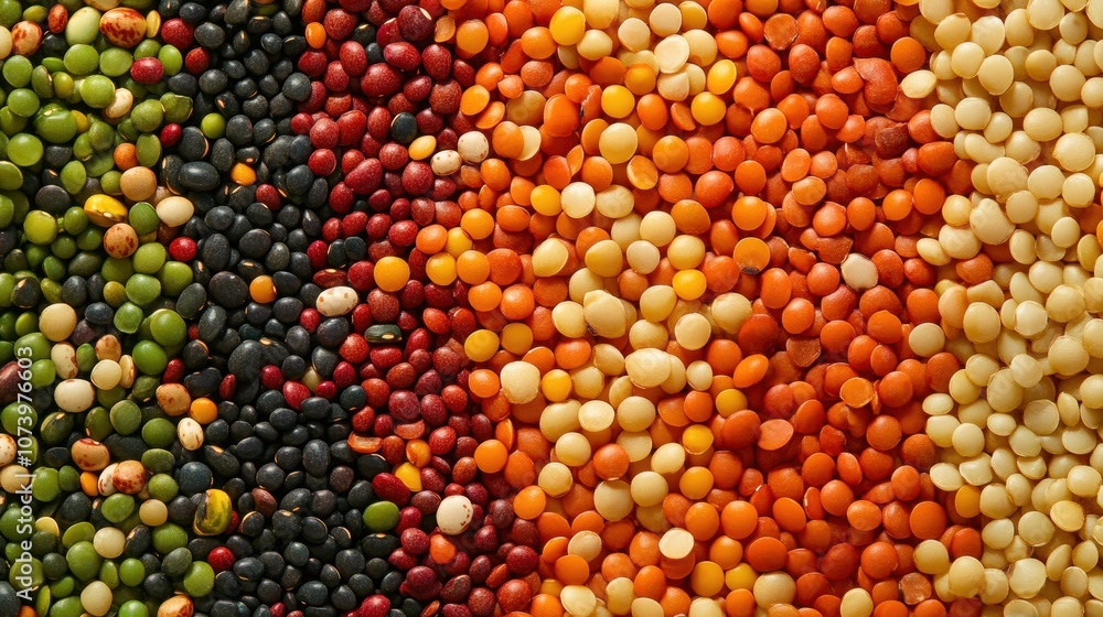 Poster an arrangement of various beans, lentils, and seeds forms a striking abstract pattern with vibrant c