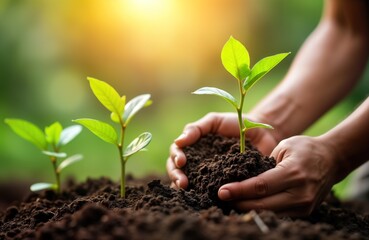Hands hold young sprout plant in soil. Green sapling in cupped hands. New generation of trees grow in garden. Eco planting for Earth Day. Sustainable agriculture.