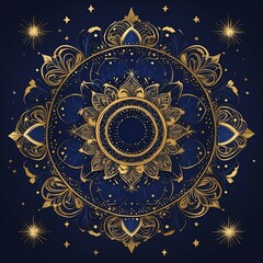 Cute indigo and gold symmetrical centered swirl with stars background