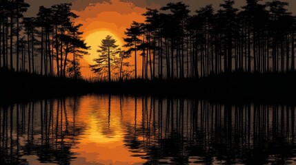 Obraz premium Silhouetted pine trees stand tall against a fiery sunset reflected in a still lake.