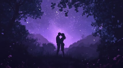 Fototapeta premium Silhouettes of a couple embracing under a starry night sky in a forest.