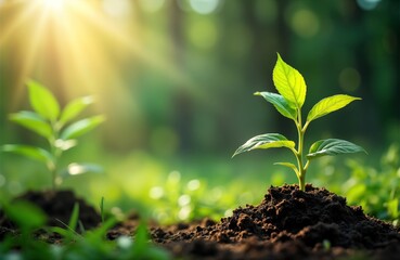 Young green plant sprouts from rich soil, surrounded by plants, sun rays. New life begins, representing growth, sustainability, eco-friendly practices. Nature resilience shines in close-up photo.