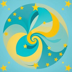 Obraz premium Cute aqua and yellow symmetrical centered swirl with stars background