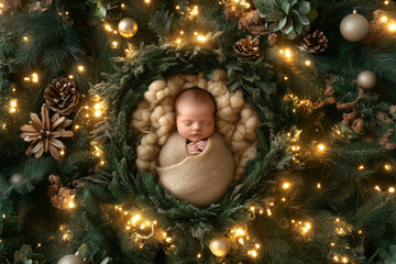 A peaceful newborn swaddled in a festive holiday wreath surrounded by twinkling lights