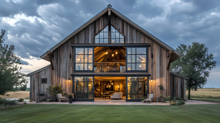 Fototapeta premium Rustic barn converted into a modern residence with large barn doors. Rustic. Illustration