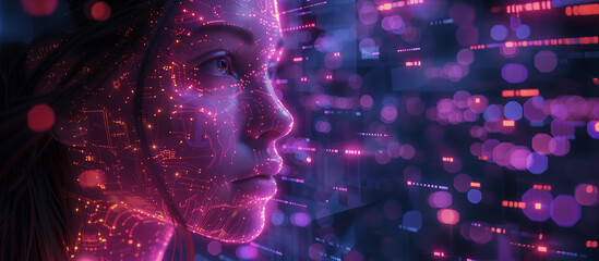 Woman with digital futuristic overlay glow digital space.