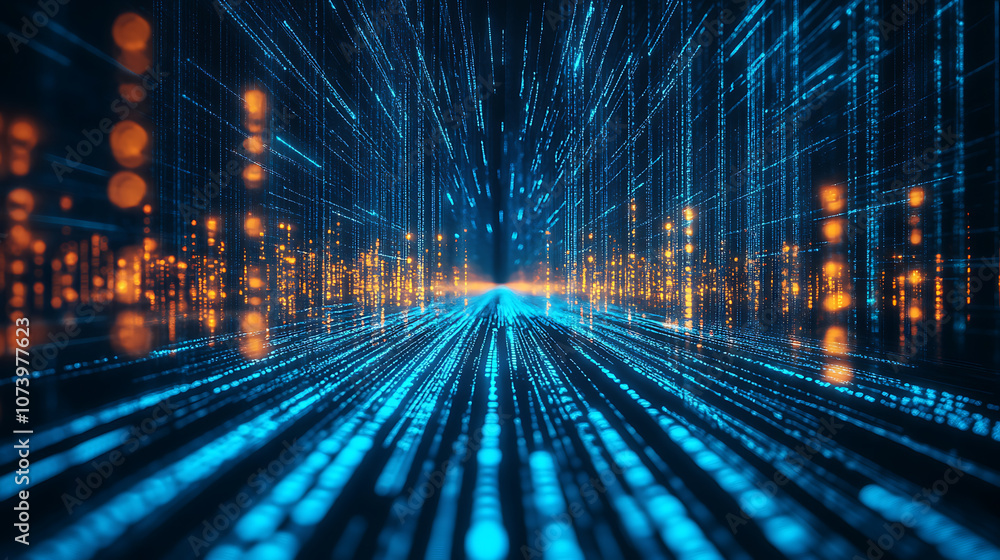 Poster Abstract blue light trails on road data transfer speed and digitization concept motion blur background