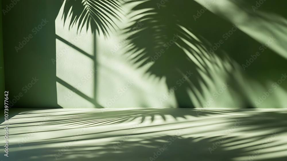 Poster abstract green background with shadow of palm leaves on empty table for product presentation, minima