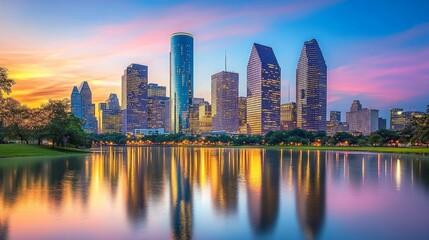 Fototapeta premium Urban skyline at sunset, skyscrapers reflecting in calm water, creating a serene atmosphere that captures the beauty of city life and twilight moments.