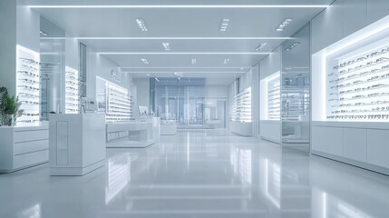 Modern optical store interior showcasing a wide selection of eyeglasses and bright lighting in a clean and sleek ambiance