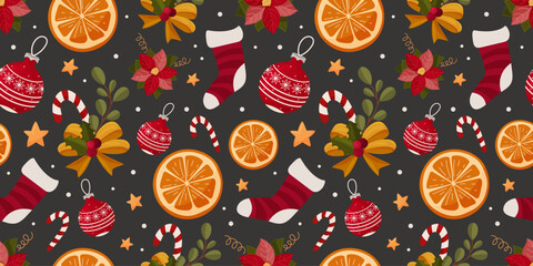 Winter seamless pattern with Christmas elements candy cane, orange, sock, branches and poinsettia, flower, holly berry. Cartoon illustration. Vector design for greeting cards, textile, wrapping paper 