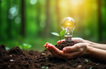 Two hands hold soil with green sprout, lit light bulb. Represents green energy, eco-friendly tech, saving planet. Earth day, sustainability, renewable energy concept. Perfect for campaigns,