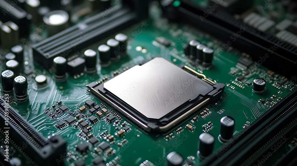 Poster Closeup of highperformance gpu chip on green motherboard intricate circuitry for gaming and computing