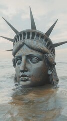 Decaying Statue of Liberty partially submerged in the ocean, with only the head and crown visible above the water, climate chance, bad election
