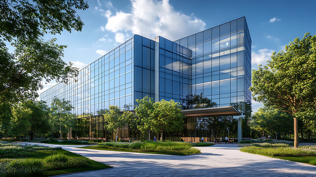 Corporate glass building facade reflecting green trees exemplifying esg environmental social governance sustainability in business 3d rendering