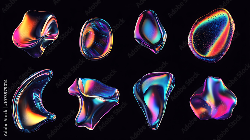 Aufkleber dynamic set of iridescent holographic liquid metal shapes floating on black abstract