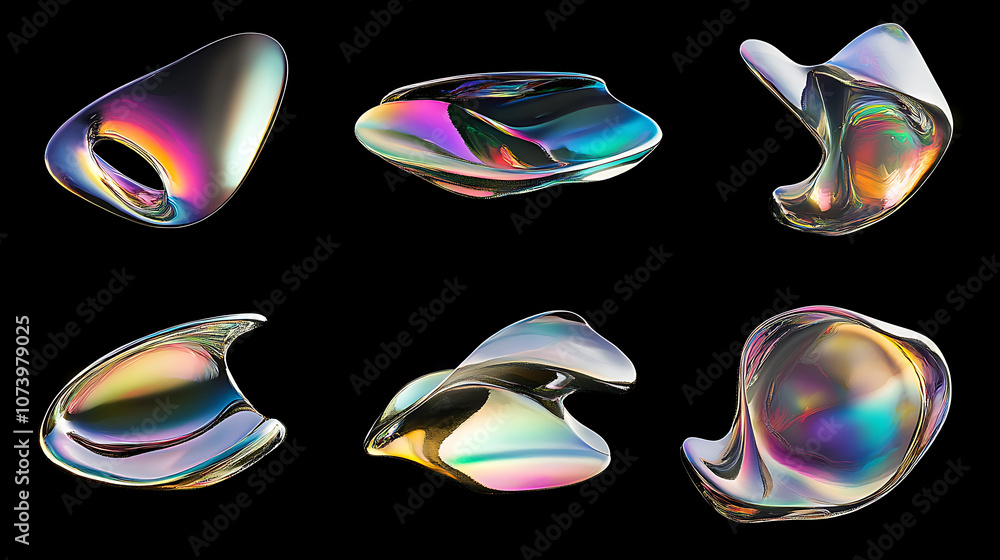 Poster dynamic set of iridescent holographic liquid metal shapes floating on black abstract
