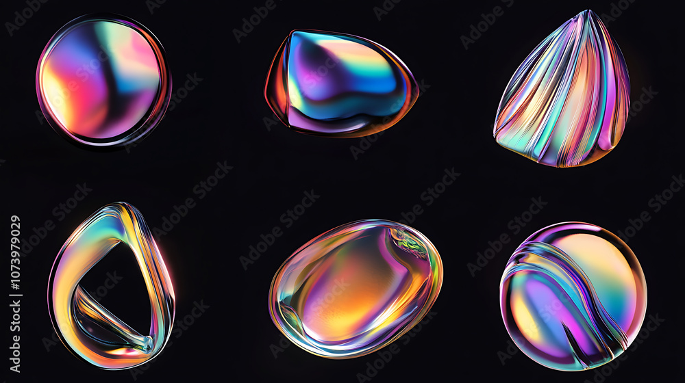 Aufkleber dynamic set of iridescent holographic liquid metal shapes floating on black abstract