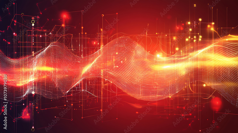Poster Dynamic red tech background with digital waves artificial neural network connections abstract illustration
