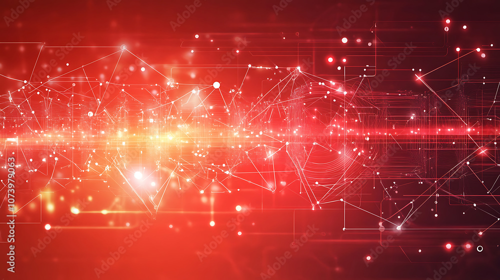 Aufkleber Dynamic red tech background with digital waves artificial neural network connections abstract illustration