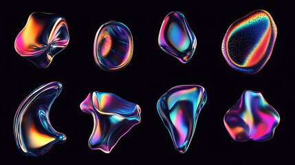 Dynamic set of iridescent holographic liquid metal shapes floating on black abstract