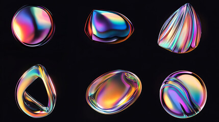 Dynamic set of iridescent holographic liquid metal shapes floating on black abstract