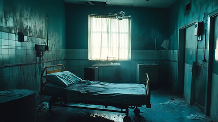 Eerie abandoned hospital room with dim light debris and a sense of captivity and horror