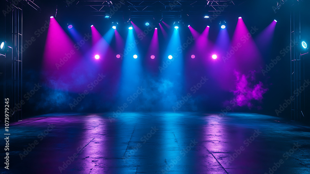 Poster empty dark stage with blue and purple laser beams and neon spotlights reflection on wet asphalt floo
