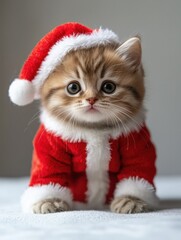 Adorable kitten in a Santa outfit with a classic red and white hat, looking curiously forward with big, innocent eyes.