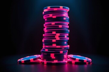 stack of neon poker chips on black background