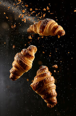 Freshly baked croissant flying in the air. A close-up of a French croissant on a dark background.