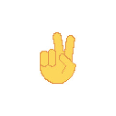 Pixelated hand showing a peace sign emoji. Retro pixel art of a hand gesture with a simple design.