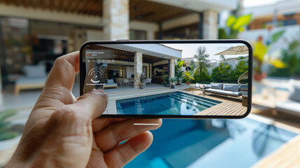 Person is holding a phone and looking at a picture of a house with a pool
