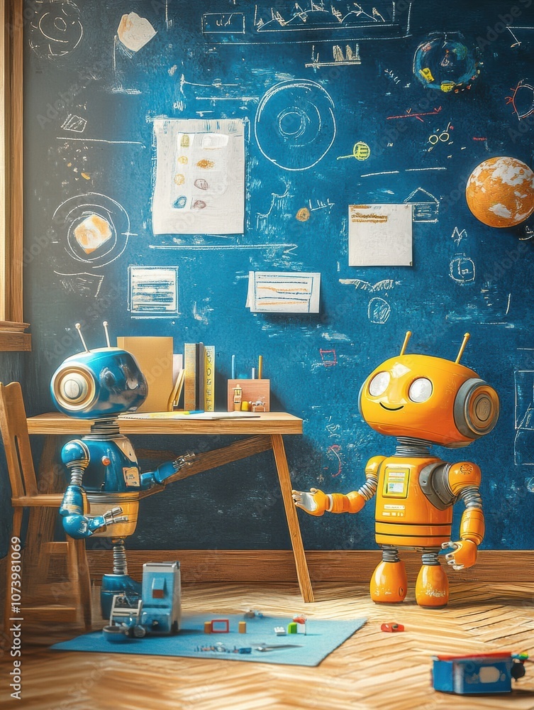 Poster brightly colored robots interact in a playful children's room filled with educational materials and 