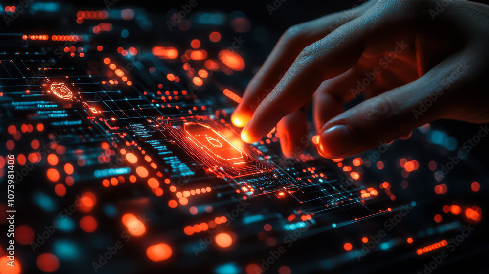 Poster a close-up view of a hand interacting with illuminated circuitry at night, showcasing technological 