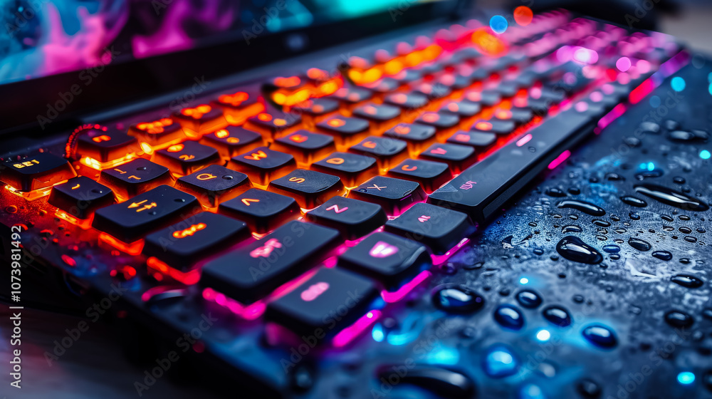 Poster laptop computer with a colorful screen displaying a bright, colorful explosion.