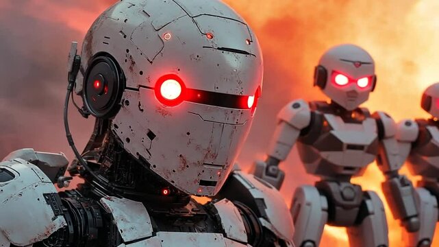 White robots with red glowing eyes in front of a fiery backdrop