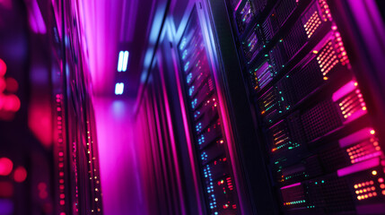 Vibrant server room illuminated in pink and purple lights showcasing advanced technology during a late-night operation