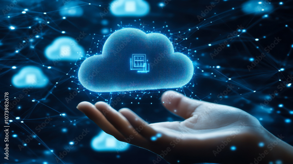 Poster a hand reaching out to interact with a glowing cloud symbol representing digital data and cloud comp