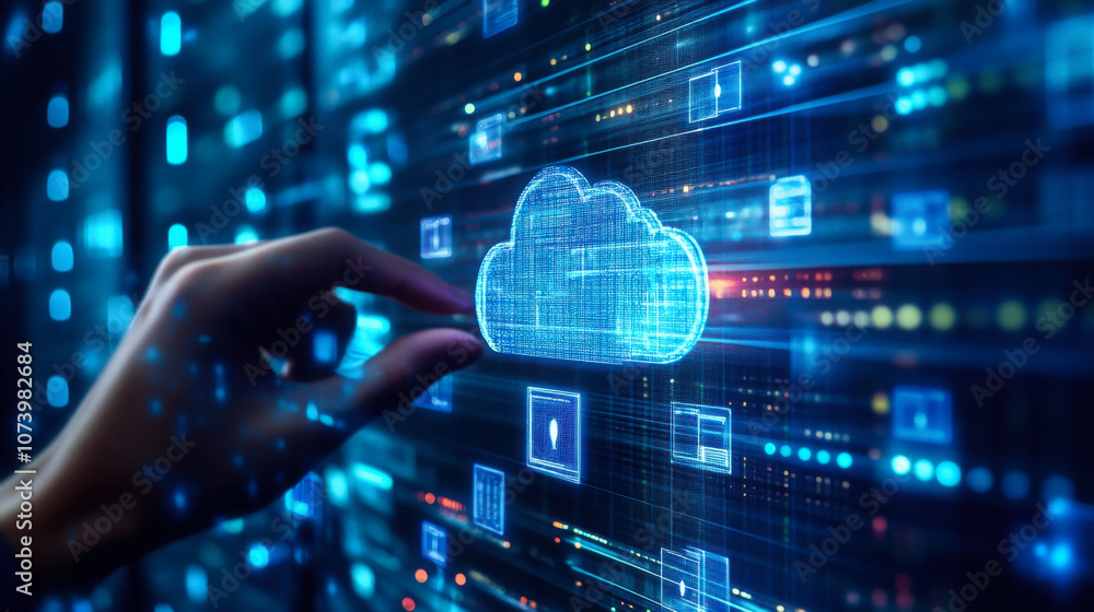 Poster a hand reaching out to interact with a glowing cloud symbol representing digital data and cloud comp