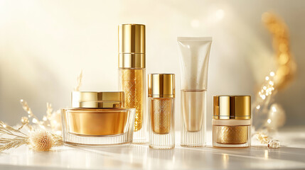 Luxury cosmetic products with a white background. Golden bottles, beauty items. Cosmetics presentation concept.